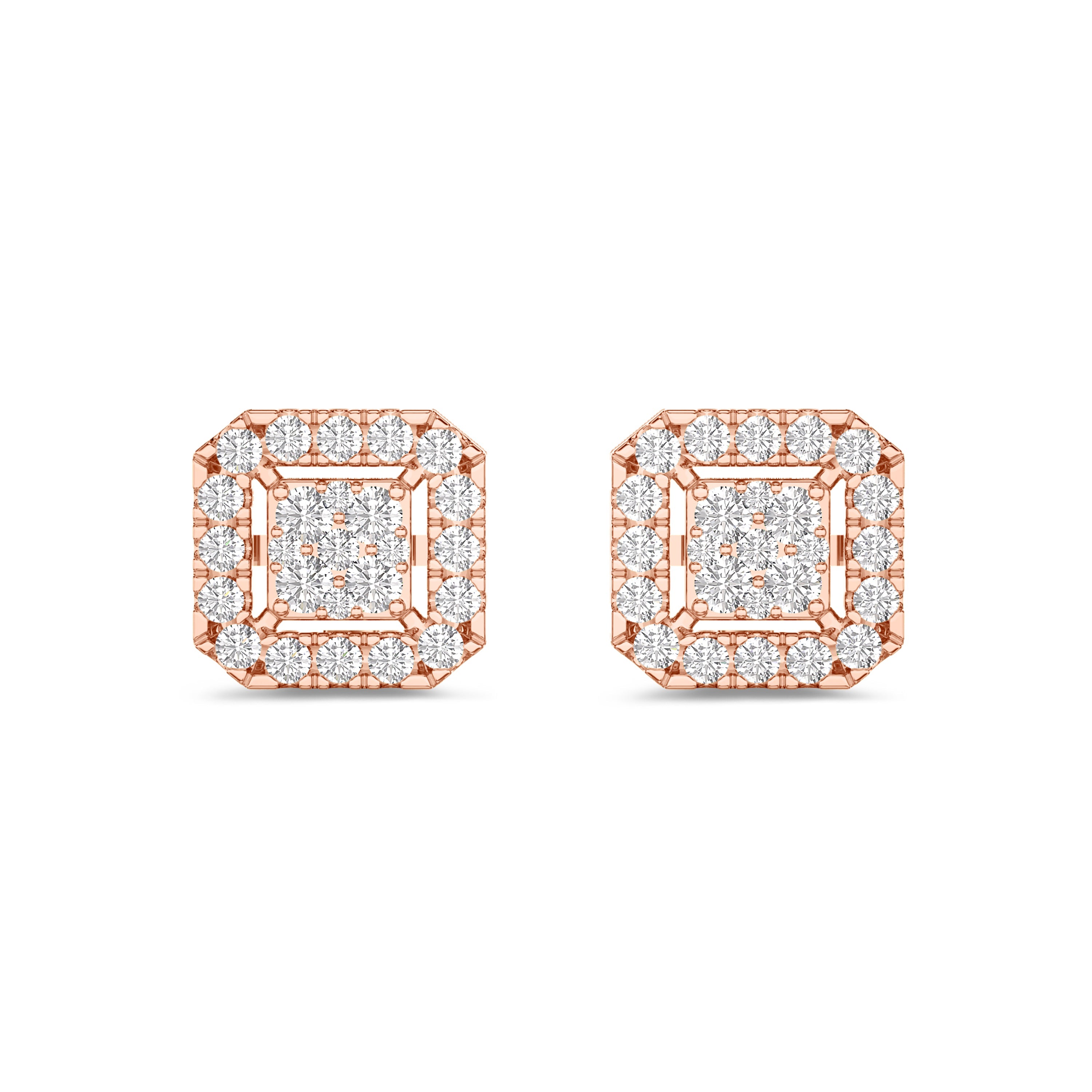 octagonal shaped cluster diamond earrings in 18k rose gold, FG color and SI clarity